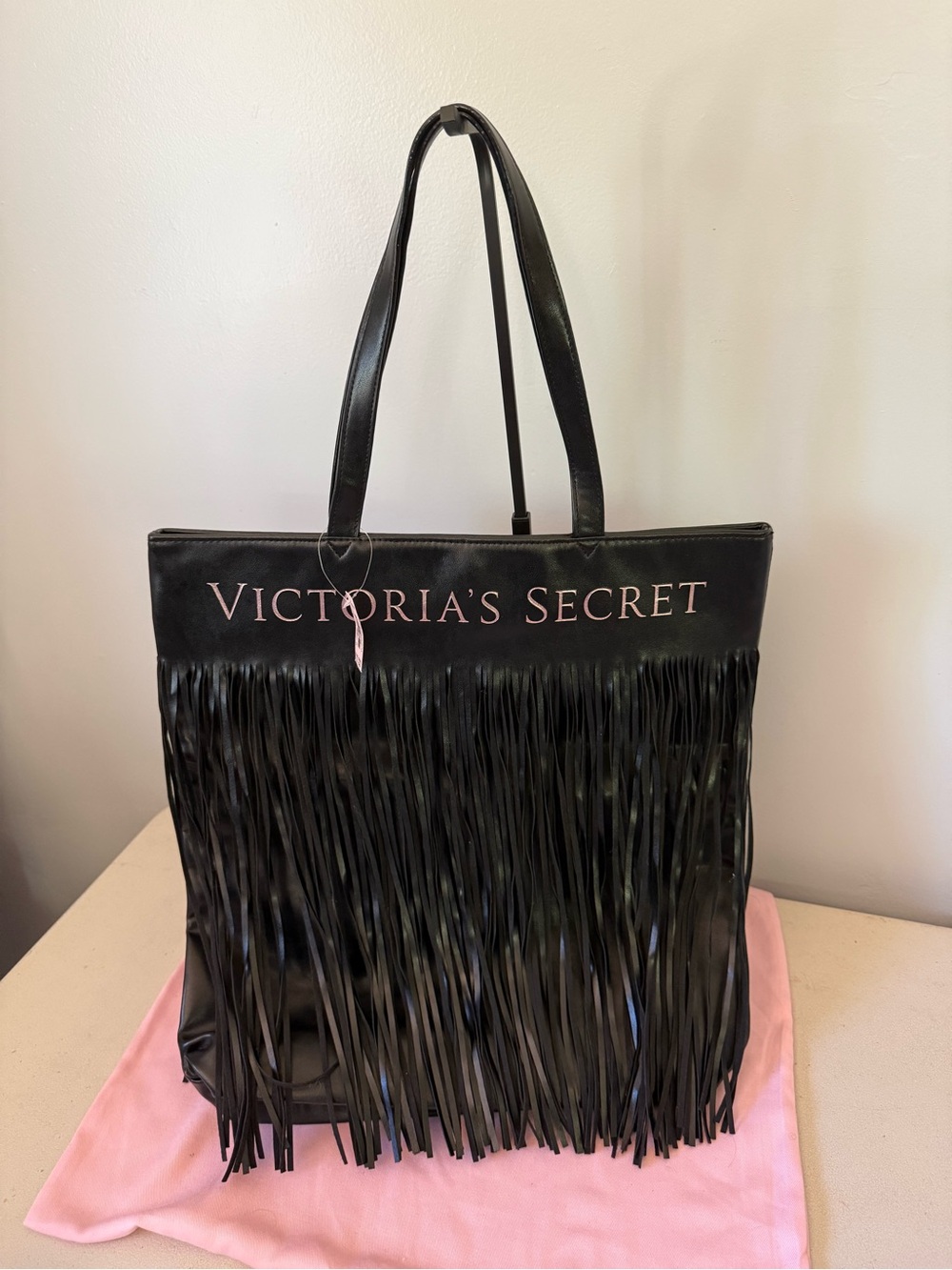 Victoria's Secret Black Fringe Tote with Pink Logo
